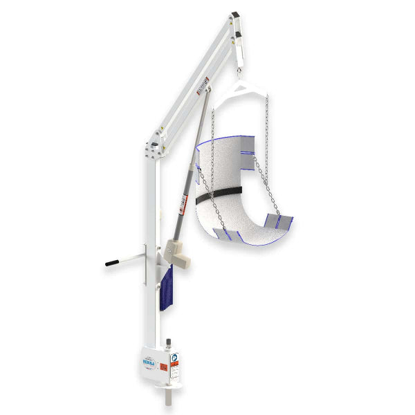 White and Blue Nebula Pool Lift with metal chains and powder-finish all metal battery powered lift | Wheelchair lIberty