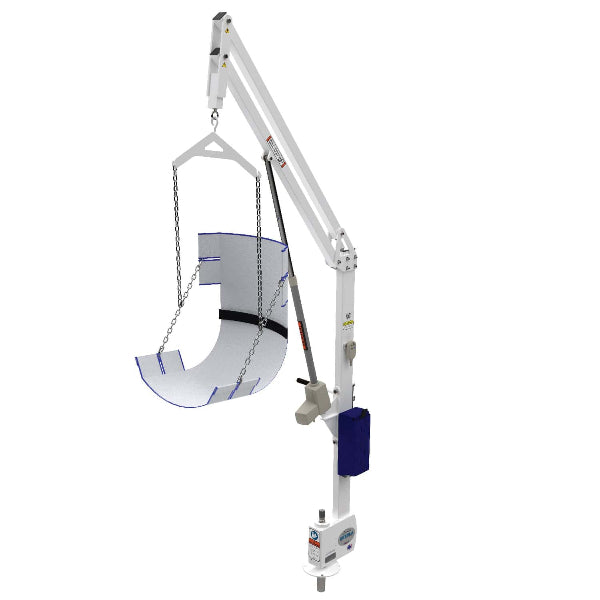 White and Blue Nebula Pool Lift facing left with metal chains and powder-finish all metal battery powered lift | Wheelchair lIberty