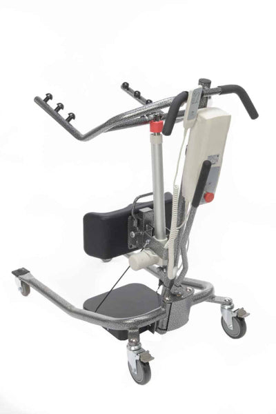Front view of the Protekt® 350 Hydraulic Sit-to-Stand Patient Lift, showing cushioned knee supports, footplate, ergonomic handlebars, and optional electric kit designed for safe and comfortable patient transfers.