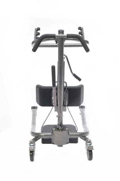 Rear view of the Protekt® 350 Hydraulic Sit-to-Stand Patient Lift, showing cushioned knee supports, footplate, and ergonomic handlebars designed for safe and comfortable patient transfers.