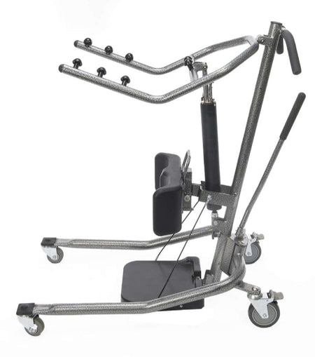right side view of the Protekt® 350 Hydraulic Sit-to-Stand Patient Lift, showing cushioned knee supports, footplate, and ergonomic handlebars designed for safe and comfortable patient transfers.