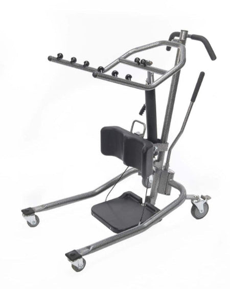 Right view of the Protekt® 350 Hydraulic Sit-to-Stand Patient Lift, showing cushioned knee supports, footplate, and ergonomic handlebars designed for safe and comfortable patient transfers.