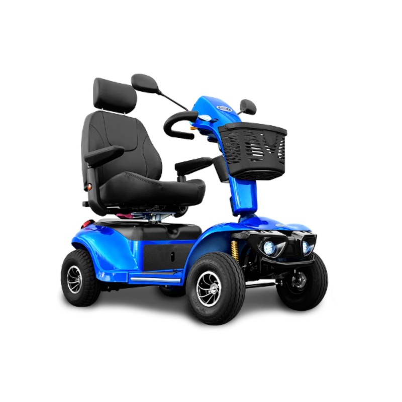 Blue Excursion heavy-duty 4-wheel mobility scooter with high-back swivel seat, front basket, and dual headlights, photographed on a white background.