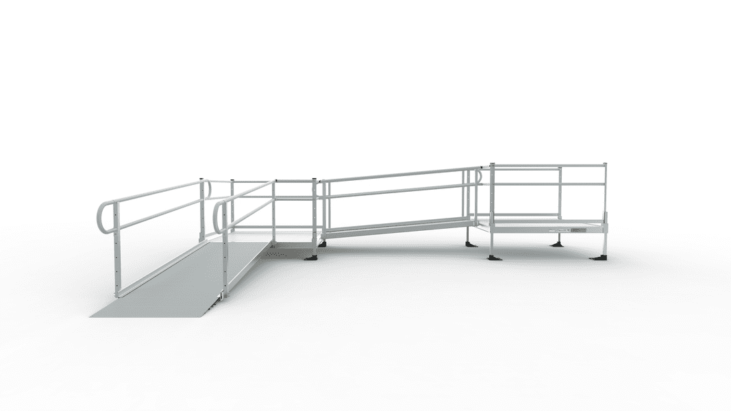 PATHWAY 3G 10 ft. L-Shaped Aluminum Wheelchair Ramp Kit with Solid Surface Tread, 2-Line Handrails, 4 ft. Turn Platform, and 4 ft. Top Platform  by EZ-Access | RampHand