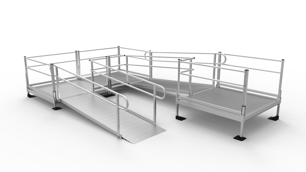 PATHWAY 3G 30 ft. U-Shaped Aluminum Wheelchair Ramp Kit with Expanded Metal Tread, 2-Line Handrails and (3) 5 ft. Platforms by EZ-Access | RampHand