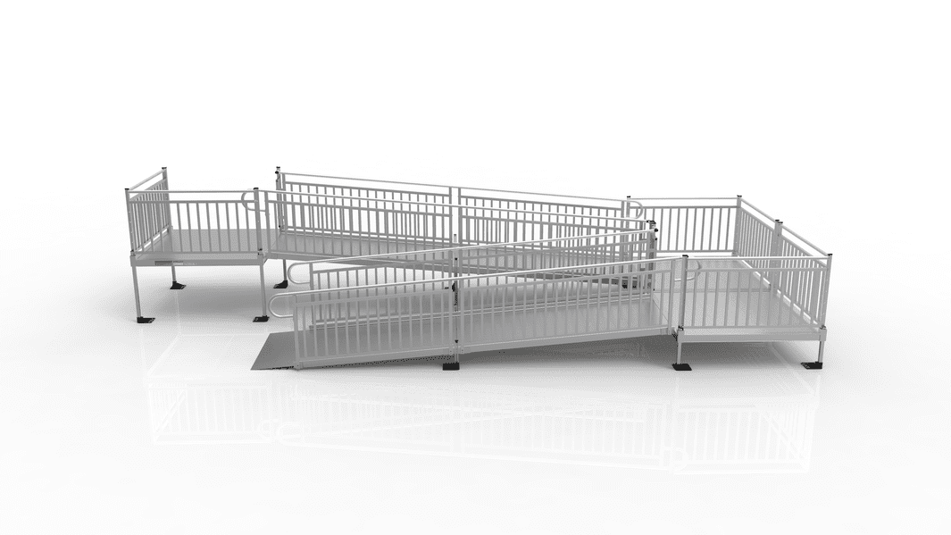 Side View - PATHWAY 3G 22 ft. U-Shaped Aluminum Wheelchair Ramp Kit with Solid Surface Tread, Vertical Picket Handrails and (3) 5 ft. Platforms by EZ-Access | RampHand
