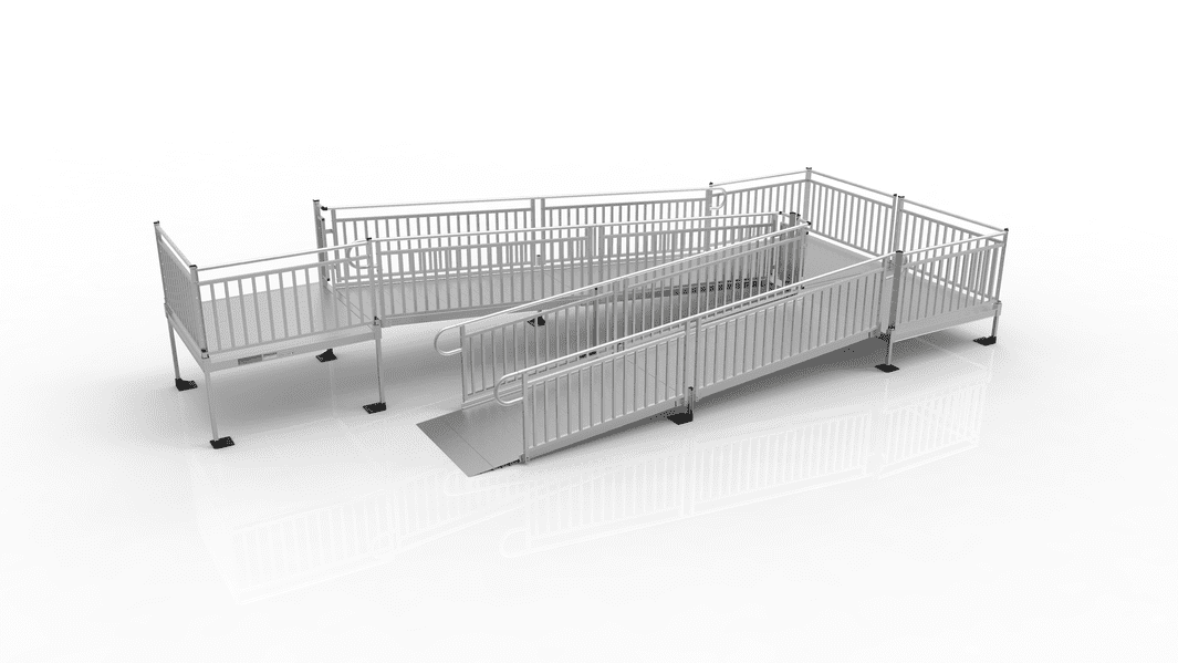 PATHWAY 3G 22 ft. U-Shaped Aluminum Wheelchair Ramp Kit with Solid Surface Tread, Vertical Picket Handrails and (3) 5 ft. Platforms by EZ-Access | RampHand