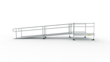 EZ-ACCESS Pathway 3G Aluminum Ramp solid surface with 2-line handrails and top platform, direct side view showing slope