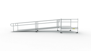 EZ-ACCESS Pathway 3G Aluminum Ramp solid surface with 2-line handrails and top platform, direct side view showing slope