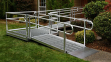 Sample Application 1 - PATHWAY 3G 14 ft. L-Shaped Aluminum Wheelchair Ramp Kit with Expanded Metal Tread, 2-Line Handrails, 5 ft. Turn Platform, and 5 ft. Top Platform by EZ-Access | RampHand