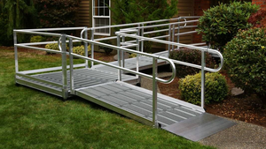 Sample Application 1 - PATHWAY 3G 14 ft. L-Shaped Aluminum Wheelchair Ramp Kit with Expanded Metal Tread, 2-Line Handrails, 5 ft. Turn Platform, and 5 ft. Top Platform by EZ-Access | RampHand