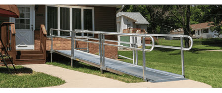 Sample Application 2 - PATHWAY 3G 30 ft. Straight Aluminum Wheelchair Ramp Kit with Expanded Metal Tread, 2-Line Handrails and 5 ft. Top Platform by EZ-Access | RampHand