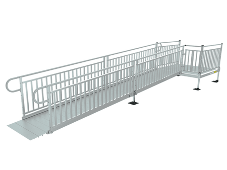  PATHWAY 3G 12 ft. L-Shaped Aluminum Wheelchair Ramp Kit with Solid Surface Tread, Vertical Picket Handrails and 4 ft. Turn Platform by EZ-Access | RampHand