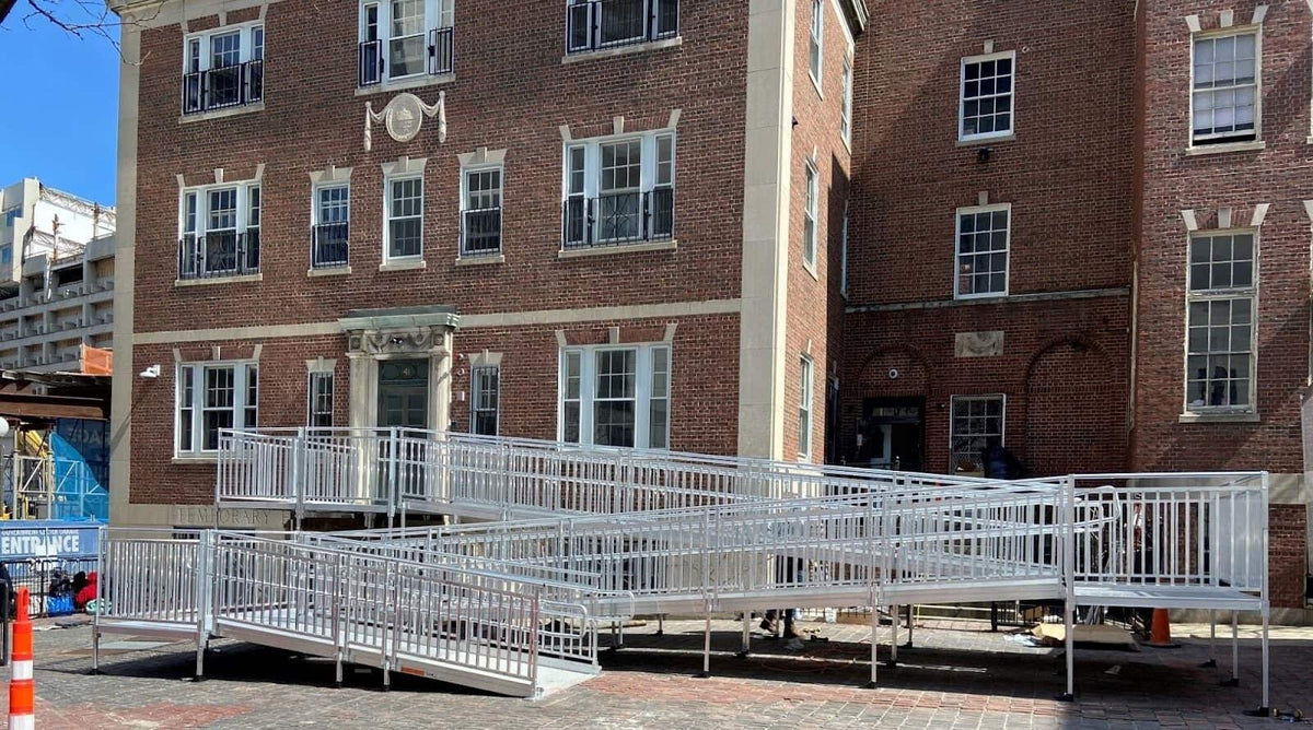 Sample Application - PATHWAY 3G 22 ft. U-Shaped Aluminum Wheelchair Ramp Kit with Solid Surface Tread, Vertical Picket Handrails and (3) 5 ft. Platforms by EZ-Access | RampHand
