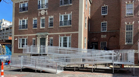 Sample Application - PATHWAY 3G 22 ft. U-Shaped Aluminum Wheelchair Ramp Kit with Solid Surface Tread, Vertical Picket Handrails and (3) 5 ft. Platforms by EZ-Access | RampHand