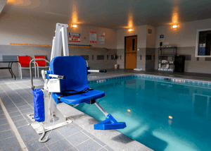 White Frame, Blue Seat - Aqua Creek Admiral Electric Pool Lift - ADA Compliant | Wheelchair Liberty