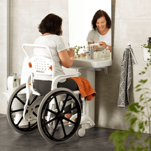 CLEAN Self-Propelled Shower with 24 Inch Rear Wheels - Lady In Bathroom