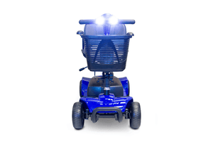 EW-M34 Travel Electric Scooter - Front View With Headlights On - Blue - by EWheels Medical | Wheelchair Liberty