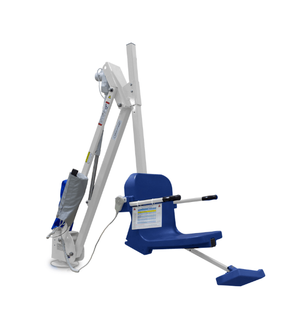 White Frame, Blue Seat - Mighty 400 Powered Pool Lift ADA Compliant by Aqua Creek | Wheelchair Liberty