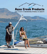 Lifting woman onto a boat on dock in Power EZ 2 Electric Pool Lift by Aqua Creek | Wheelchair Liberty