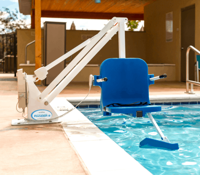 White Frame, Blue Seat - Ranger 2 Powered Pool Lift ADA Compliant by Aqua Creek | Wheelchair Liberty
