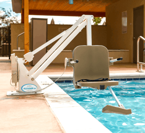 White Frame, Tan Seat - Ranger 2 Powered Pool Lift ADA Compliant by Aqua Creek | Wheelchair Liberty