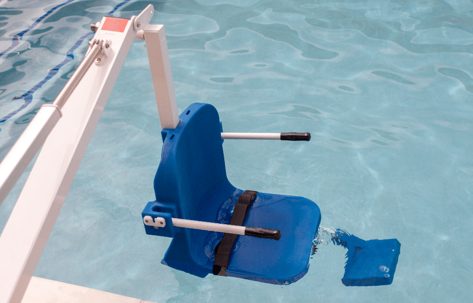 Blue seat and footrest of an Aqua Creek Ranger 2 lowered into pool water