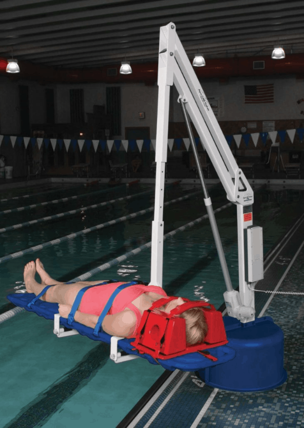Woman in Stretcher using Revolution Power Pool Lift ADA Compliant by Aqua Creek | Wheelchair Liberty