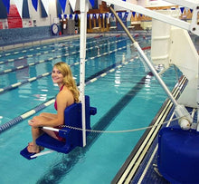 Woman Lowered into the Pool using Revolution Power Pool Lift ADA Compliant by Aqua Creek | Wheelchair Liberty