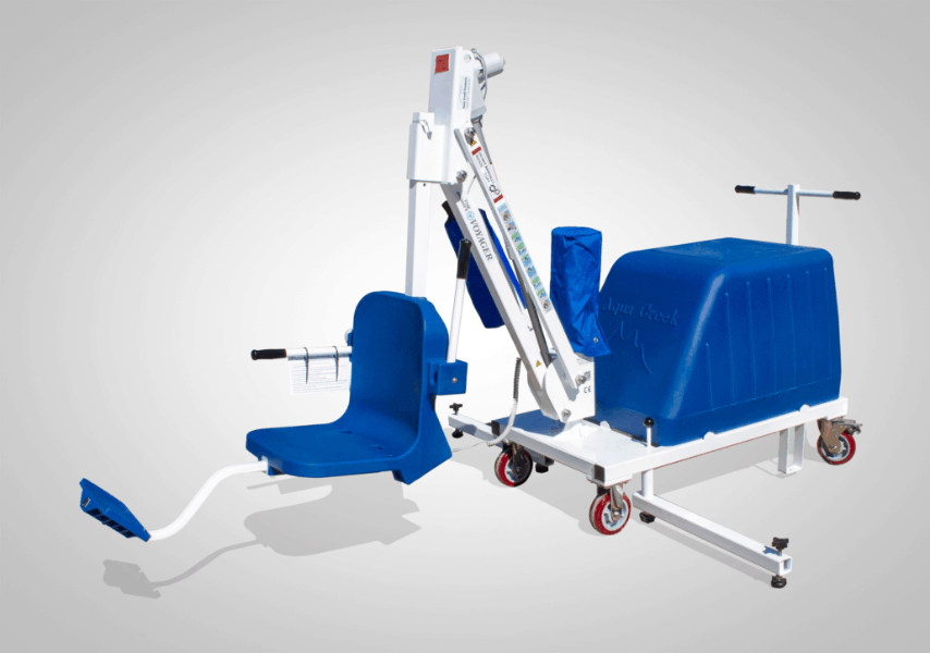 Full view of the Aqua Creek Mighty Voyager portable pool lift with regular seat, rotation arm, and sand ballast base